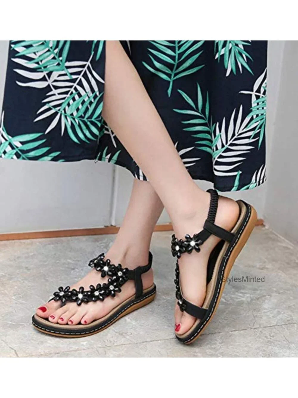 Women's Bohemian Flat Sandals with Crystal Embellishment - Open Toe Gladiator